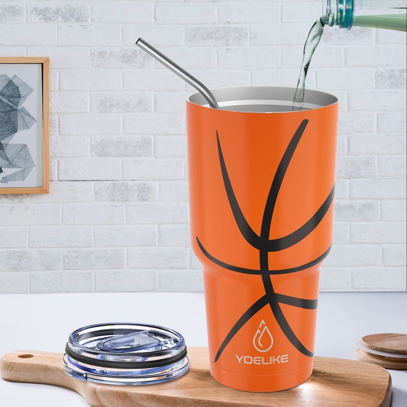 Yoelike Basketball Tumbler 30 oz Stainless Steel Double Wall Vacuum Insulated Cup with Straws, Splash Proof Lids, Straw Clean Brush, Tips for Fan Coaches Mom Men Sports Travel, Keep Drink Cold and Hot - Image 5